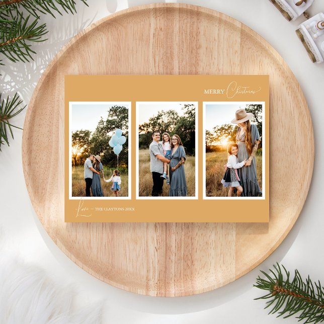 Gold Retro Boho Minimalist Five Photo Collage Holiday Card (Creator Uploaded)