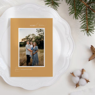 Gold Retro Boho Minimalist Letter and Photo Holiday Card