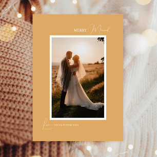 Gold Retro Boho Minimalist Merry Married Portrait Holiday Card