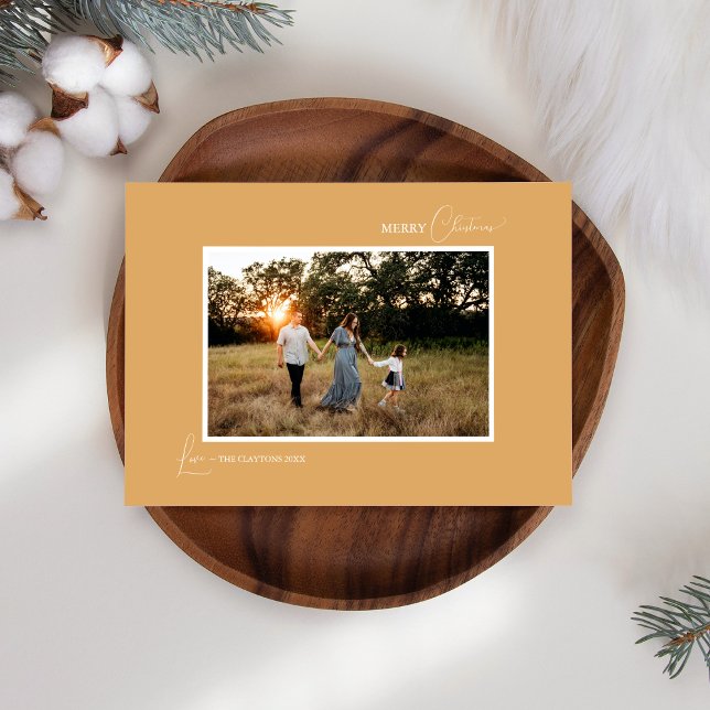 Gold Retro Boho Minimalist Photo and Letter Holiday Card (Creator Uploaded)