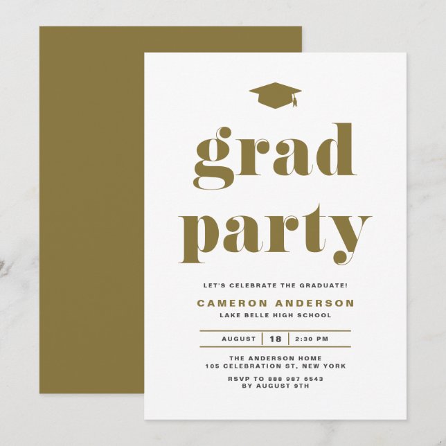 Gold Retro Bold Typography Graduation Party Invitation (Front/Back)