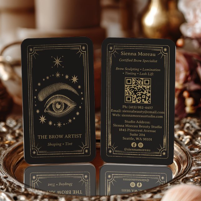 Gold Retro Celestial Tarot Brow Artist QR Code Business Card (Gold Retro Celestial Tarot Brow Artist QR Code Business Card)