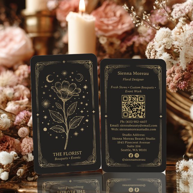 Gold Retro Celestial Tarot Florist QR Code Business Card (Gold Retro Celestial Tarot Florist QR Code Business Card)