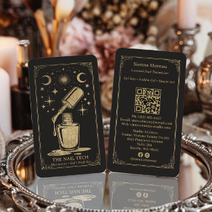 Gold Retro Celestial Tarot Nail artist QR Code Business Card