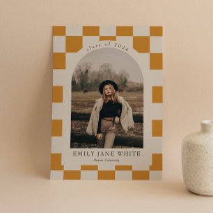 Gold Retro Checkered Arch Classic Photo Graduation Invitation