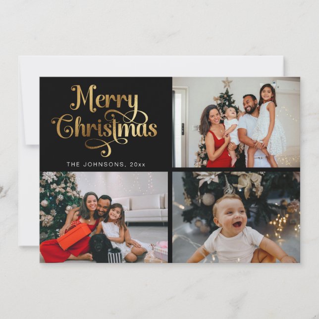 Gold Retro Merry Christmas Family Photo Collage Holiday Card (Front)