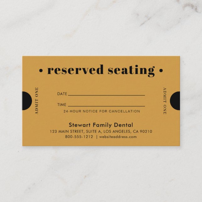 Gold Retro Reserved Seating Dental Appointment Card (Front)