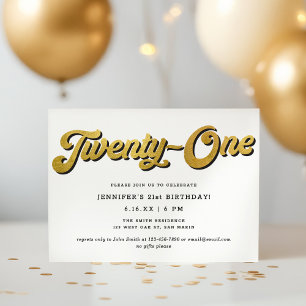 Gold Retro Script Black White 21st Birthday Party Invitation