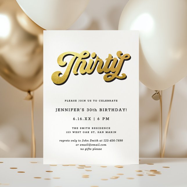 Gold Retro Script Black White 30th Birthday Party Invitation (Creator Uploaded)
