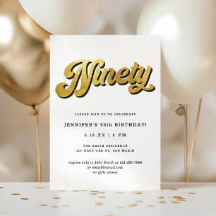 Gold Retro Script Black White 90th Birthday Party Invitation