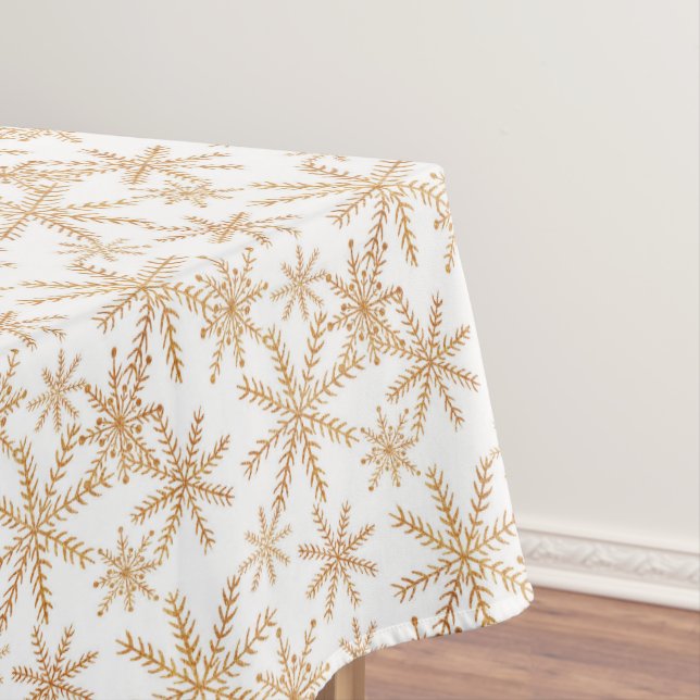 Gold Retro Snowflake Pattern Holiday Tablecloth (In Situ)