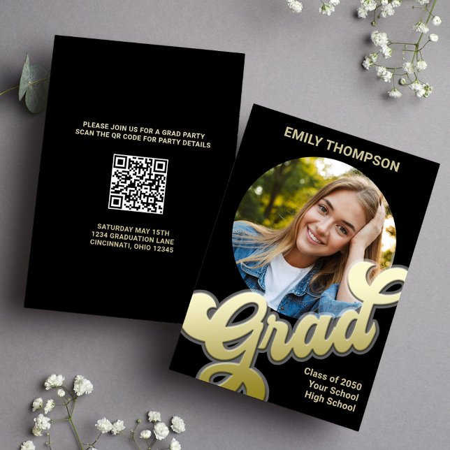 Gold Retro Typography Graduation Party Invitation (Graduation photo card with circle photo and )