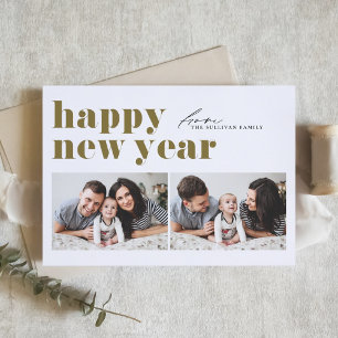 Gold Retro Typography Happy New Year Two Photo Holiday Card