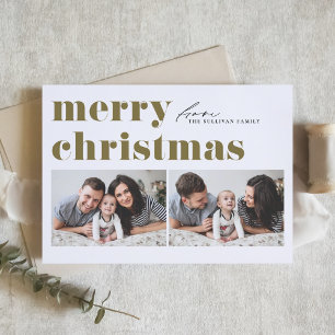 Gold Retro Typography Merry Christmas Two Photo Holiday Card