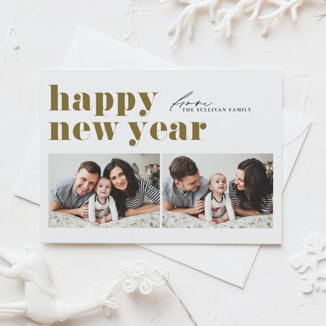 Gold Retro Typography Photo Happy New Year Holiday Card (Creator Uploaded)