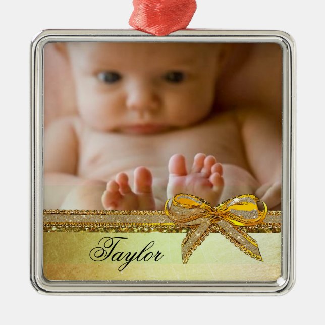 Gold Ribbon & Bow Baby Photo Ornament Keepsakes (Front)