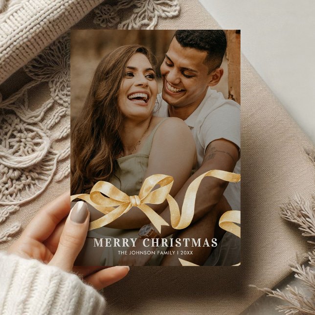 Gold Ribbon Bow Photo Christmas Holiday Card (Creator Uploaded)