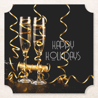 Gold Ribbon Champagne Happy Holidays Paper Coaster
