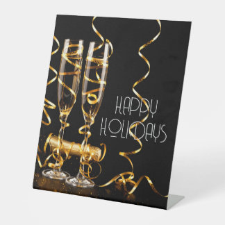 Gold Ribbon Champagne Happy Holidays Pedestal Sign