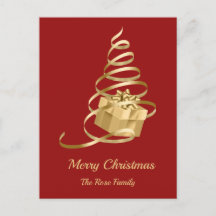 Gold Ribbon Christmas Present Holiday Postcard