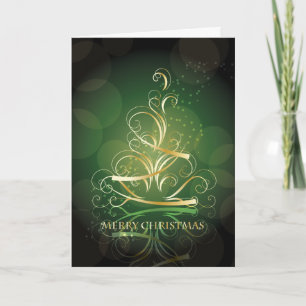 Gold Ribbon Christmas Tree on Green Christmas Holiday Card