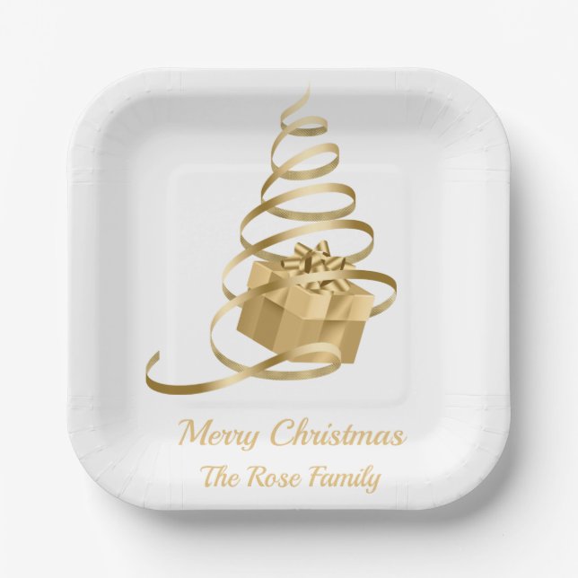 Gold Ribbon Christmas Tree Present Paper Plate (Front)