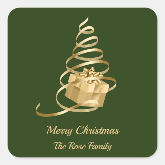 Gold Ribbon Christmas Tree Present Sticker (Front)