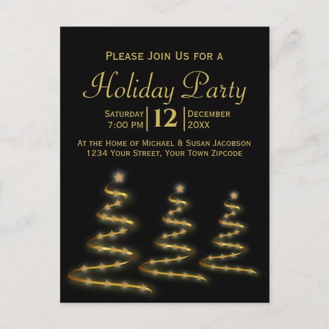 Gold Ribbon Christmas Trees Black Holiday Party Invitation Postcard (Front)