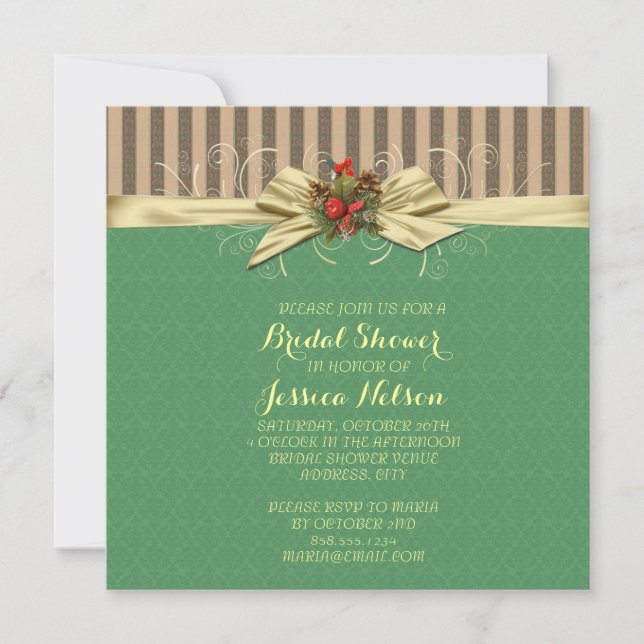 Gold Ribbon Damask Christmas Bridal Shower Invitation (Front)
