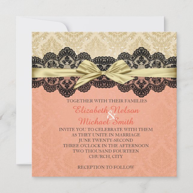 Gold Ribbon Damask Lace Coral Wedding Invite (Front)