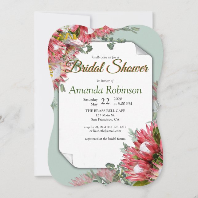 Gold ribbon & Fuchsia Protea flower Bridal Shower Invitation (Front)