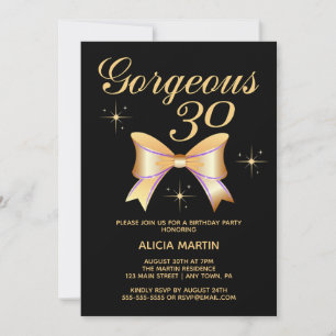 Gold Ribbon Girl Gorgeous 30 Black 30th Birthday Invitation