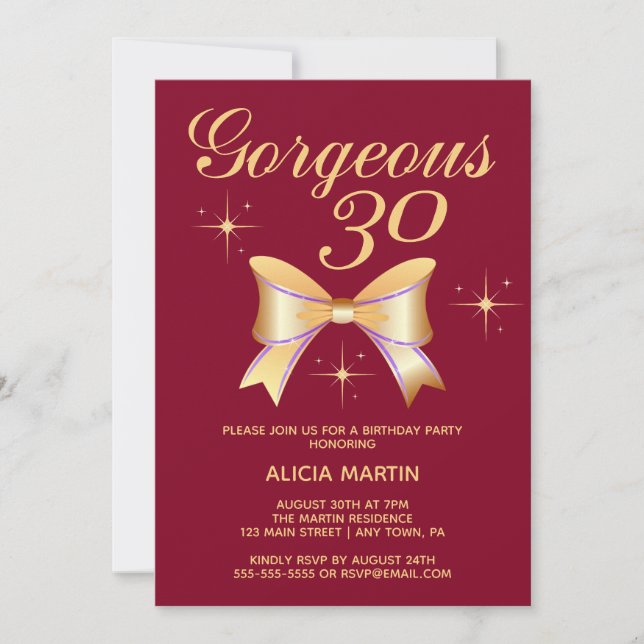 Gold Ribbon Girl Gorgeous 30 Burgundy Birthday Invitation (Front)