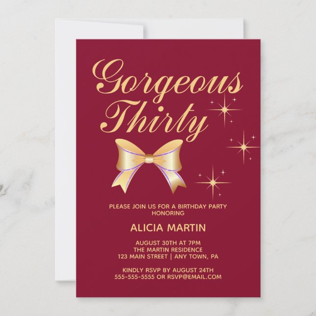 Gold Ribbon Girl Gorgeous Thirty Burgundy Birthday Invitation (Front)
