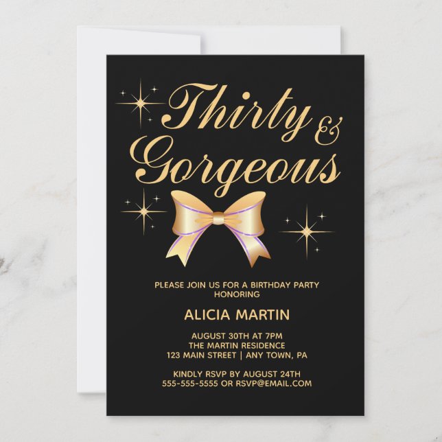 Gold Ribbon Girl Thirty & Gorgeous Black Birthday Invitation (Front)