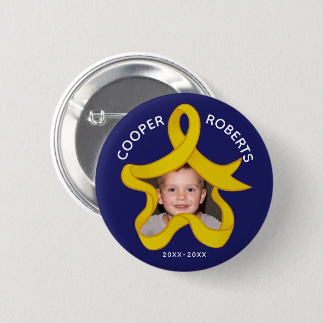 Gold ribbon memory photo star name date button (Front & Back)