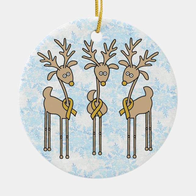 Gold Ribbon Reindeer (Childhood Cancer) Ceramic Ornament (Front)