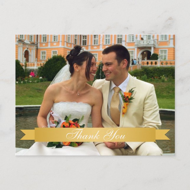 Gold ribbon wedding photo custom thank you note postcard (Front)