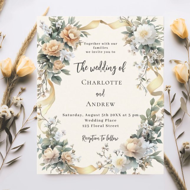Gold ribbon yellow florals wedding invitation (Creator Uploaded)