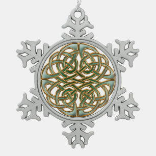 Gold rimmed green Celtic knot Snowflake Pewter Christmas Ornament