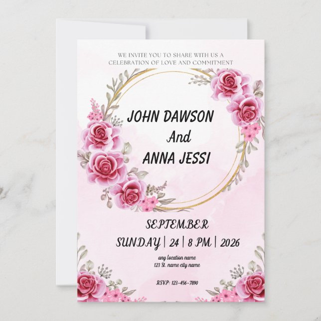 Gold ring pink rose modern wedding invitations  (Front)