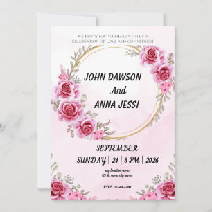 Gold ring pink rose modern wedding invitations 