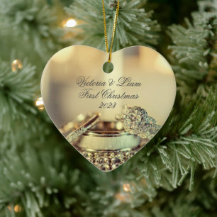 Gold Rings 1st First Christmas Name Elegant Script Ceramic Ornament