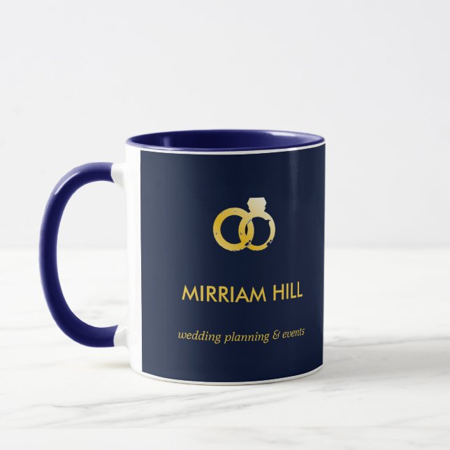 Gold rings dark blue wedding planner mug (Left)