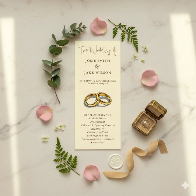 Gold Rings Elegant Cream and Brown wedding Program (Watercolor style wedding rings wedding invitation.)