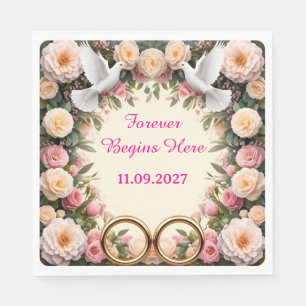 Gold Rings White Doves Pink Floral Wedding Frame Napkin