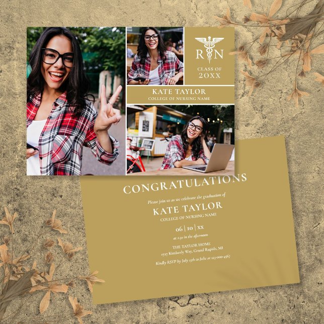 Gold RN Nursing 3 Photo Graduation Party Invitation (Gold RN Nursing 3 Photo Graduation Party Invitation)