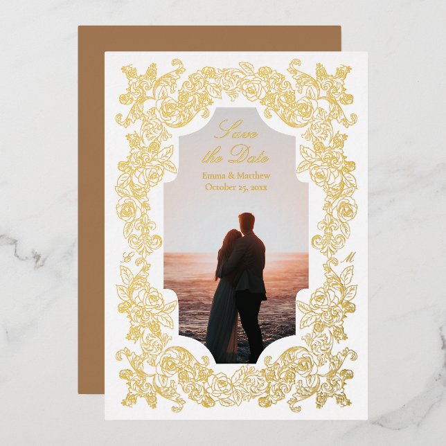 Gold Rococo Photo Save the Date (Front/Back)