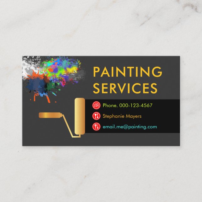 Gold Roller Brush Painting Paint Splatter Business Card (Front)