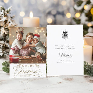 Gold Romantic Calligraphy Christmas Photo Flat Holiday Card